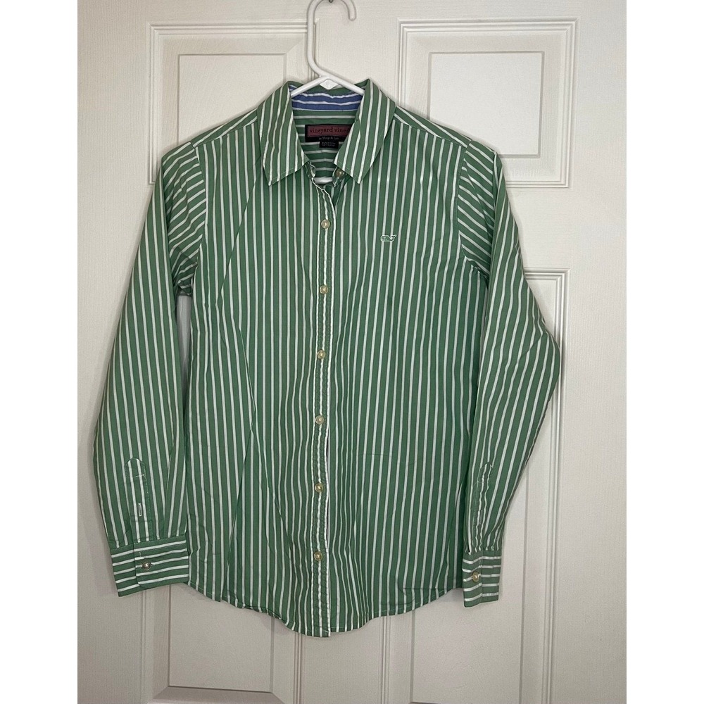 Vineyard Vines Button Down Shirt Womens 4 Green Striped Excellent Long Sleeve